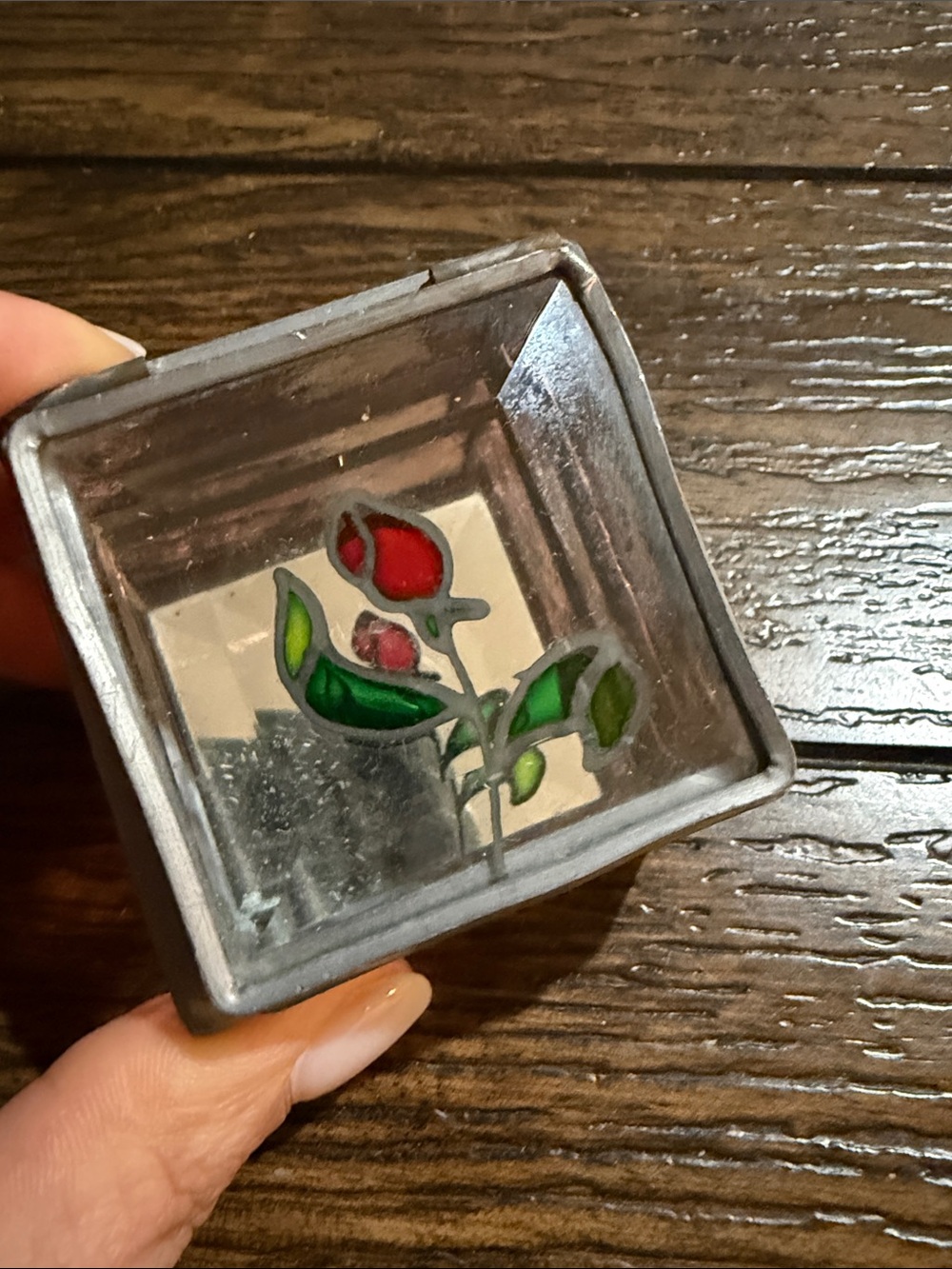Red Rose Stained Glass Trinket Box with Green Leaves